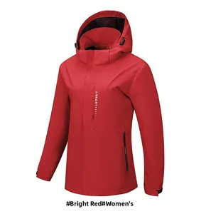 Detail of red women's waterproof hiking jacket with X-SPORT logo and adjustable hood