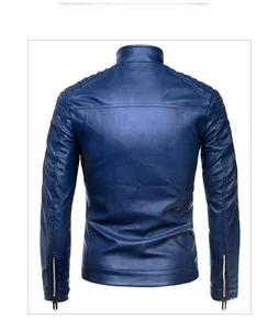 Detail of slim-fit navy leather jacket featuring quilted shoulders and silver zippers