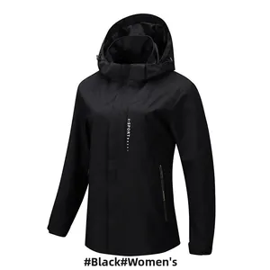 Detail of black waterproof hooded jacket for women featuring X-SPORT logo and zipper pockets