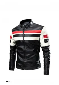 Detail view of motor biker jacket showing red and white stripes on sleeves and zipper pocket
