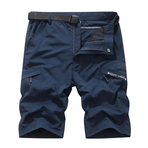 Men's navy quick-dry cargo shorts with belt and zipper pockets on white background