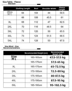 Size chart for men's fleece PU leather biker jacket with detailed measurements