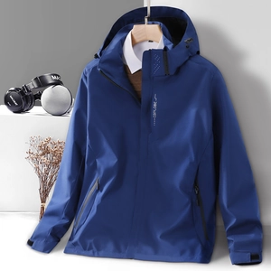 Men's dark blue windproof hooded jacket with Explore print and functional zipper pockets