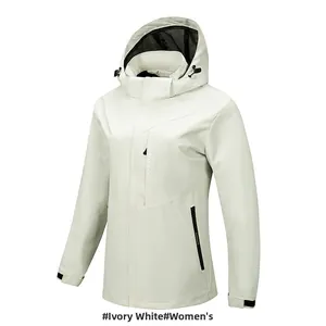 Detail view of ivory waterproof jacket featuring a hood with mesh lining and chest pocket