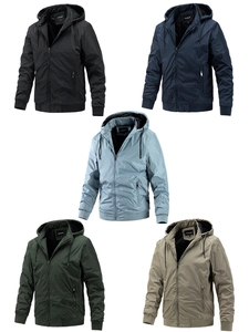 Flat lay of men's lightweight hooded jackets in five colors with zipper side pockets