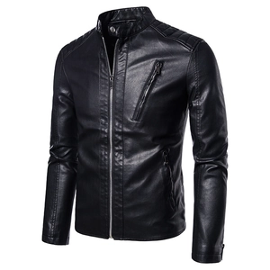 Men's black faux leather biker jacket with stand collar and quilted shoulder detailing