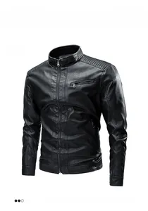 Detail view of quilted shoulder stitching on black faux leather biker jacket for men