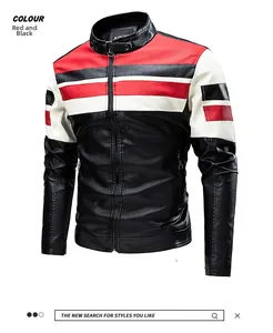 Detail of red and black color-block faux leather motorcycle jacket with quilted stitching