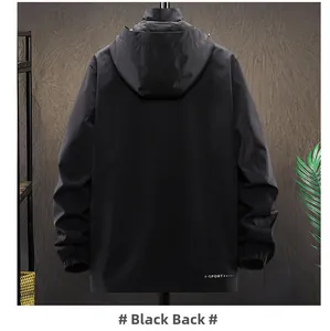 Rear view of black waterproof outdoor hooded jacket showing back tailoring and windproof fabric