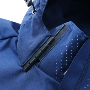 Waterproof outdoor jacket in navy blue with windproof hood and high-neck zipper detail