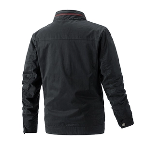 Men's casual black reversible stand collar jacket with red trim detail, back view display