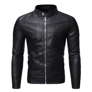 Men PU Leather Jacket Stand Collar Slim Fit Motorcycle Biker Outerwear Solid Black Windproof Casual Coat For Men