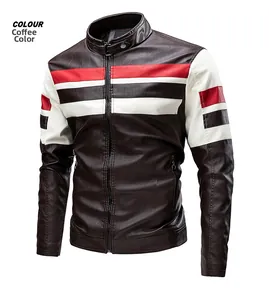 Close-up of coffee brown leather jacket with vintage red and white striped detailing