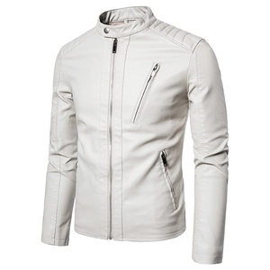 Men's light grey stand collar biker leather jacket with quilted shoulder texture