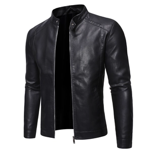 Men's black slim fit faux leather biker jacket with stand collar and metallic zipper detail