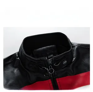 Detail of stand-up collar and zipper on black white and red faux leather biker jacket