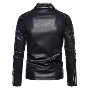 Men's slim fit black leather biker jacket with quilted shoulders and back view details