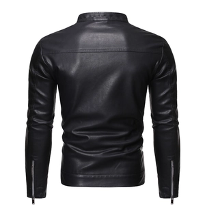 Slim fit black motorcycle jacket with stand collar and zipper cuffs on the back view