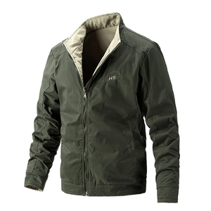Men's reversible stand collar wash jacket in dark green with HS embroidery
