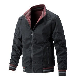Men Bomber Jacket Washed Cotton Stand Collar Casual Workwear Lightweight Outerwear Striped Rib Trim Full Zip Coat For Men