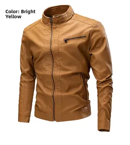 Detail of men's bright yellow faux leather jacket showing shoulder quilting and zipper pocket