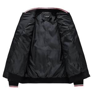 Men's black quilted bomber jacket with striped rib-knit baseball collar and zip closure
