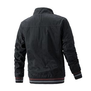 Men's reversible cotton jacket in black with red and gray striped ribbed collar and cuffs