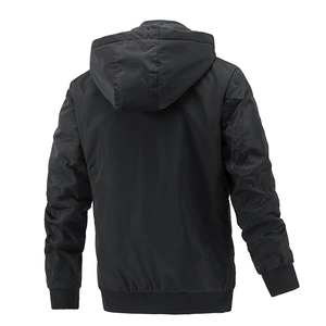 Back view of a classic black men's hooded windbreaker jacket with ribbed cuffs and hem