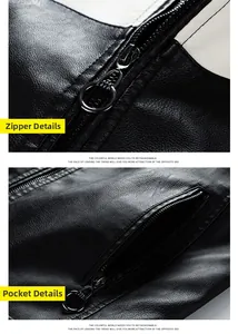 Detail of the metal circular ring zipper pull and pockets on a two-tone faux leather jacket