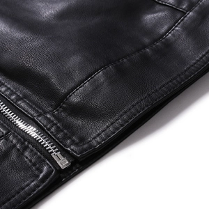 Black motorcycle leather jacket with stand collar featuring fine lychee texture details