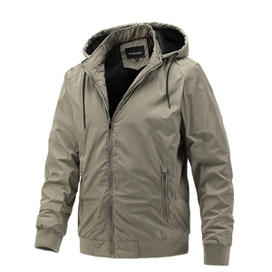 Olive green hooded windbreaker jacket for men with front zipper and ribbed cuffs