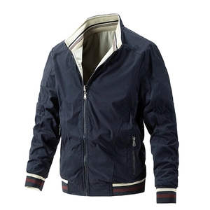 Men's reversible navy cotton bomber jacket with striped ribbed collar and silver zippers