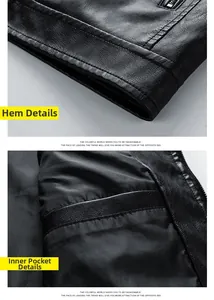 Detail view showing stitching craftsmanship and hidden inner pocket on black leather jacket