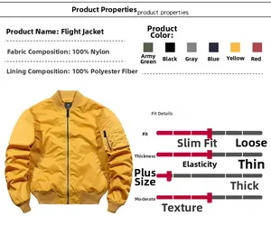 Detail of yellow MA-1 flight jacket showing 100% nylon fabric and polyester lining specs