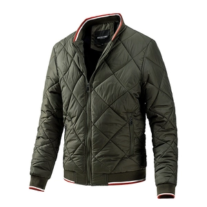 Men's olive green quilted bomber jacket with stylish striped ribbed cuffs and hem
