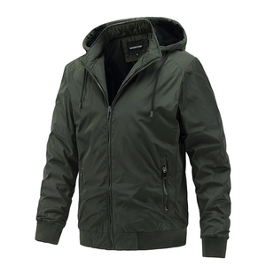 Army green men's hooded casual jacket with full zipper and ribbed cuffs on white background