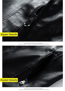 Detail shot of a black leather motorcycle jacket with metal zipper and pocket texture