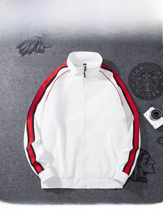 Detail view of white sports jacket with red and black stripes, breathable and anti-wrinkle