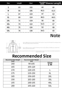 Size chart for MA1 flight jacket from S to 5XL with measurements and height recommendations