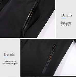 Detail of waterproof printed zipper and secure safety pocket on outdoor hiking jacket