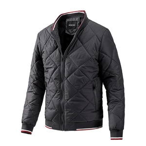 Men's dark grey quilted diamond bomber jacket with striped rib-knit collar and cuffs