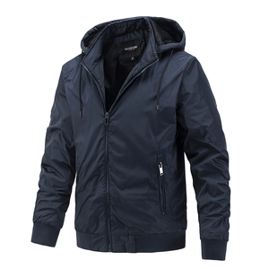 Men's dark blue hooded windbreaker jacket with adjustable drawstrings and zip pockets