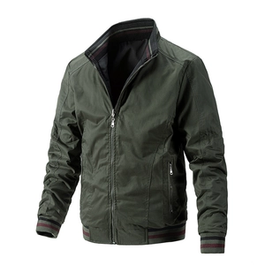 Men's dark green reversible flight jacket with striped rib-knit trim and metal zippers