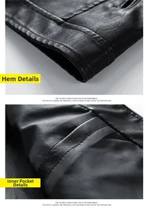 Close-up of the hem stitching and internal pocket lining on a black faux leather jacket