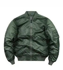 Detail view of the rib-knit collar and metal zipper on this olive green bomber jacket
