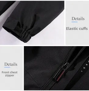 Detail of adjustable velcro cuffs and chest zipper on black waterproof jacket