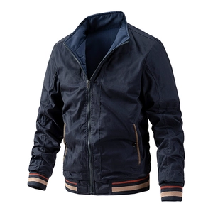 Men's dark blue reversible bomber jacket with striped ribbed cuffs and stand collar