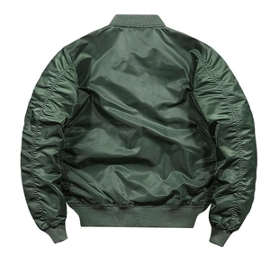 Back view of MA-1 green bomber jacket featuring satin texture and ribbed cuffs