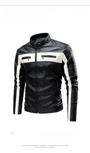 Close-up of black and white motorcycle leather jacket featuring pleated shoulder details