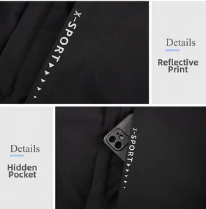 Detail view of reflective X-SPORT print and large hidden side pocket for smartphone